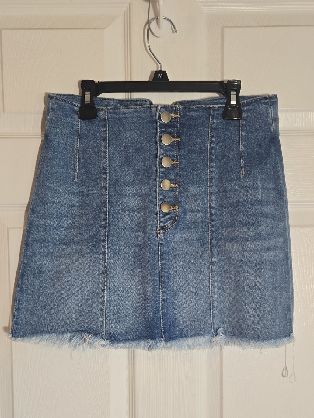 Altar'd State Blue Denim Button-Front Fringe Edge Mini Skirt Size Medium
